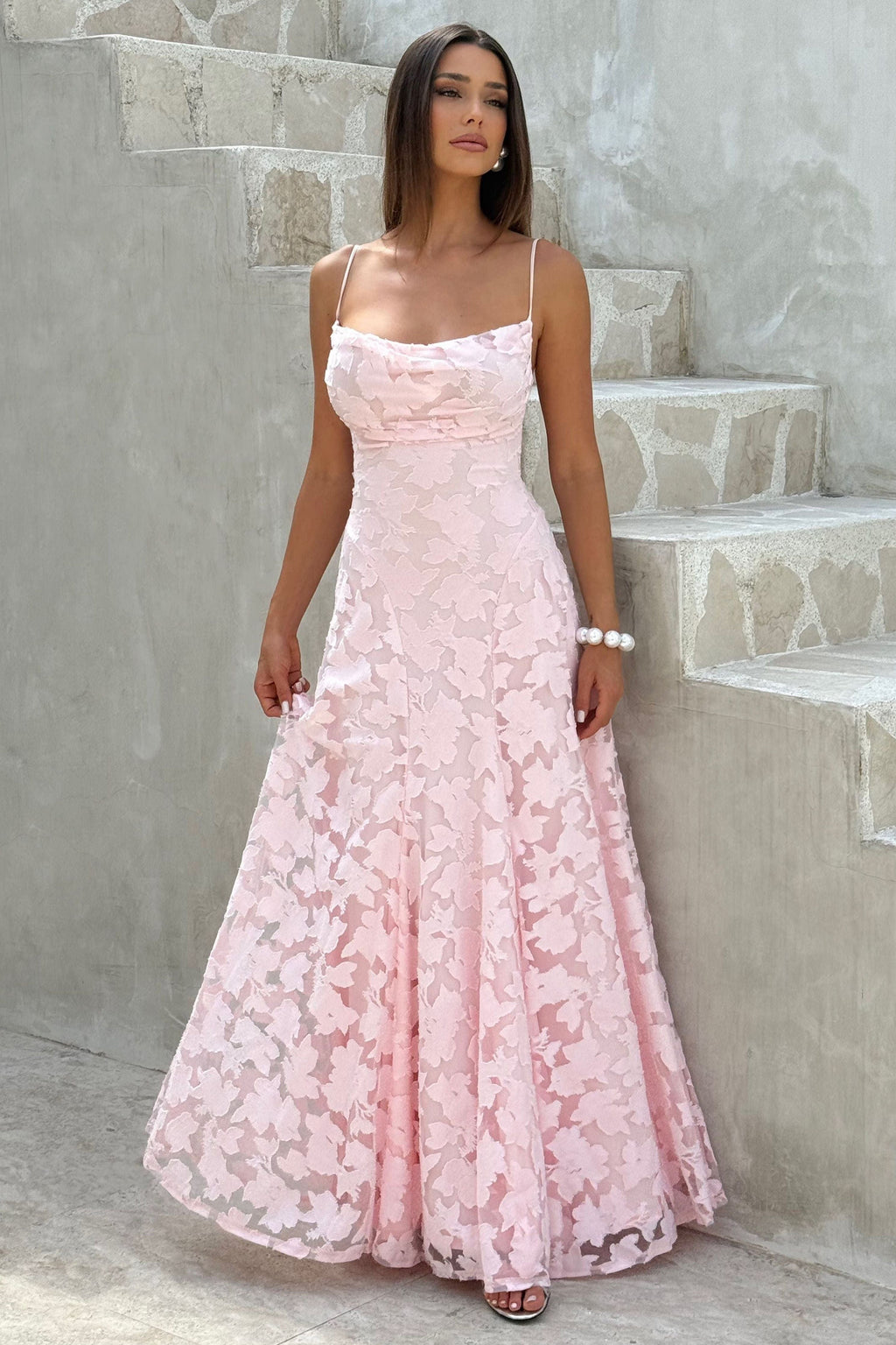 Women's floral cowl neck maxi dress with spaghetti straps and flared skirt