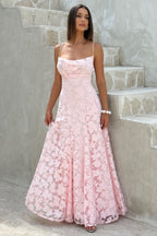 Women's floral cowl neck maxi dress with spaghetti straps and flared skirt