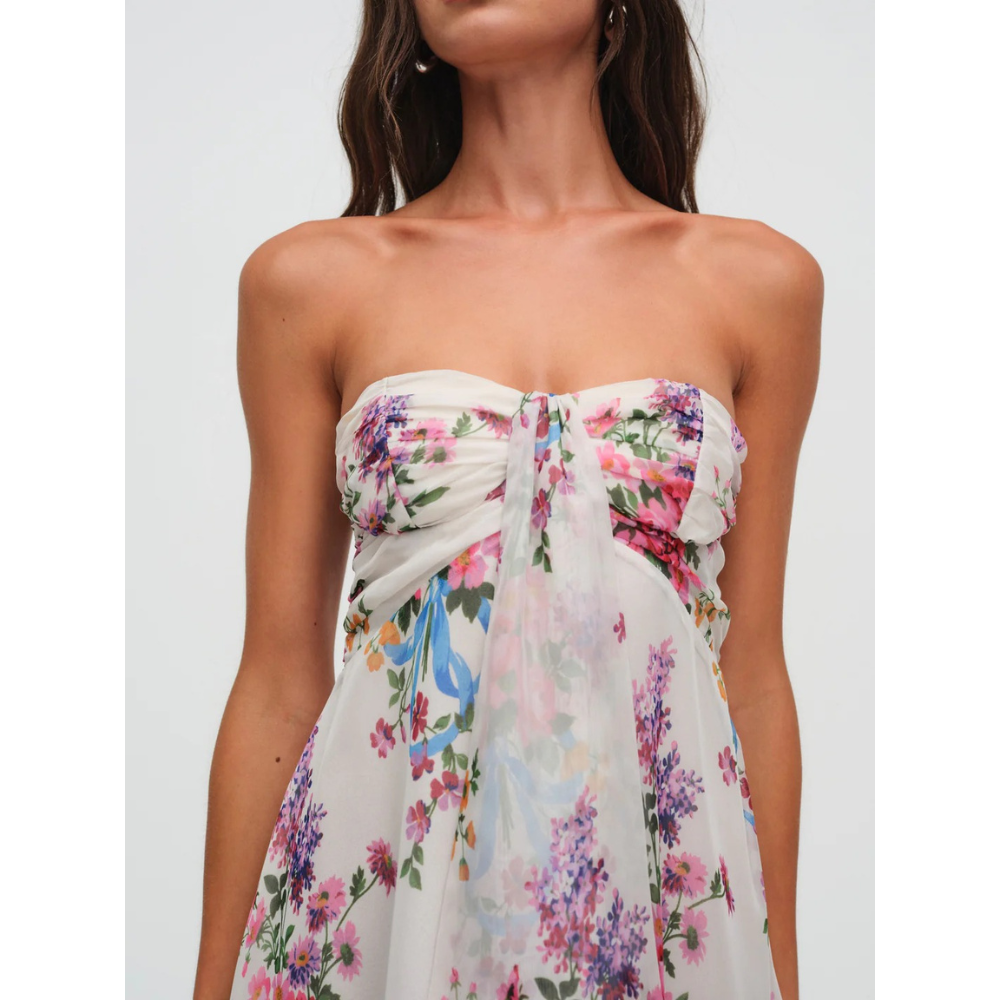 Women's floral strapless mini dress with gathered bodice and ruffle hem