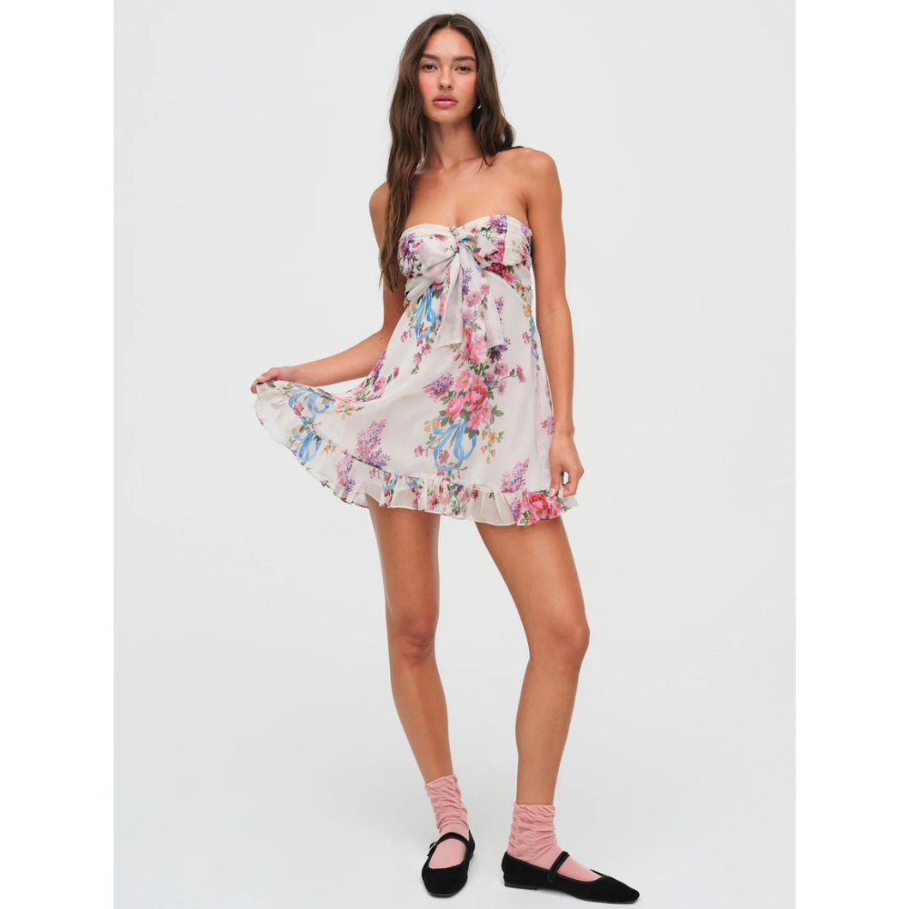 Women's floral strapless mini dress with gathered bodice and ruffle hem