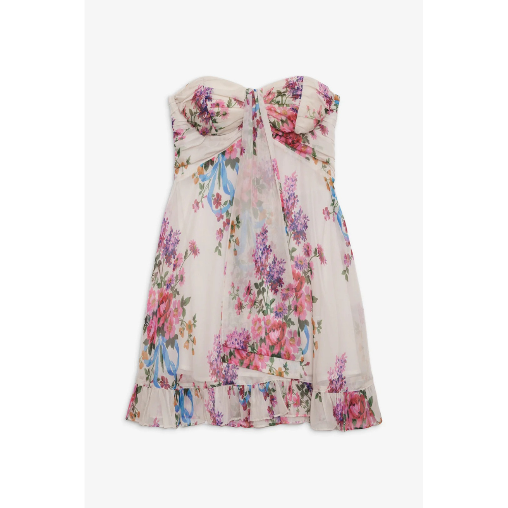 Women's floral strapless mini dress with gathered bodice and ruffle hem
