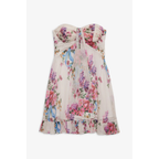 Women's floral strapless mini dress with gathered bodice and ruffle hem