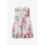 Women's floral strapless mini dress with gathered bodice and ruffle hem