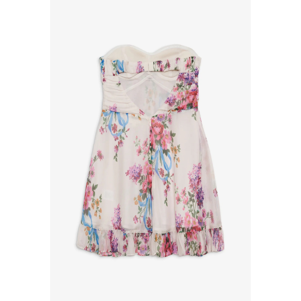 Women's floral strapless mini dress with gathered bodice and ruffle hem