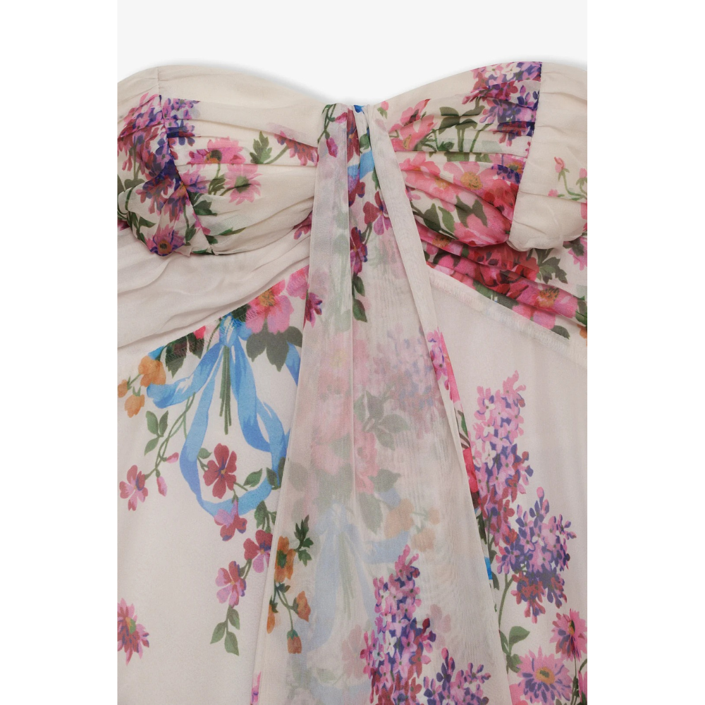 Women's floral strapless mini dress with gathered bodice and ruffle hem