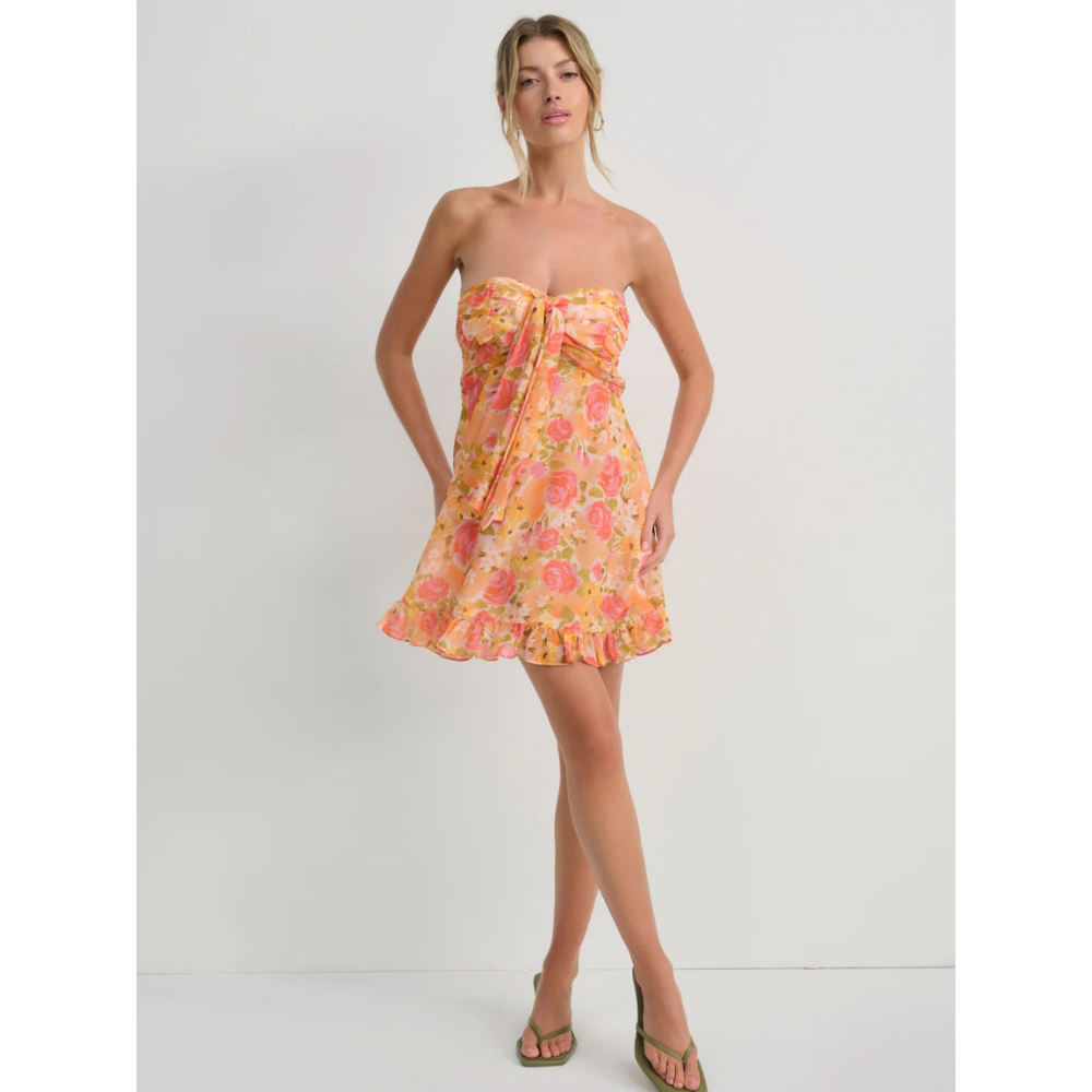 Women's floral strapless mini dress with gathered bodice and ruffle hem