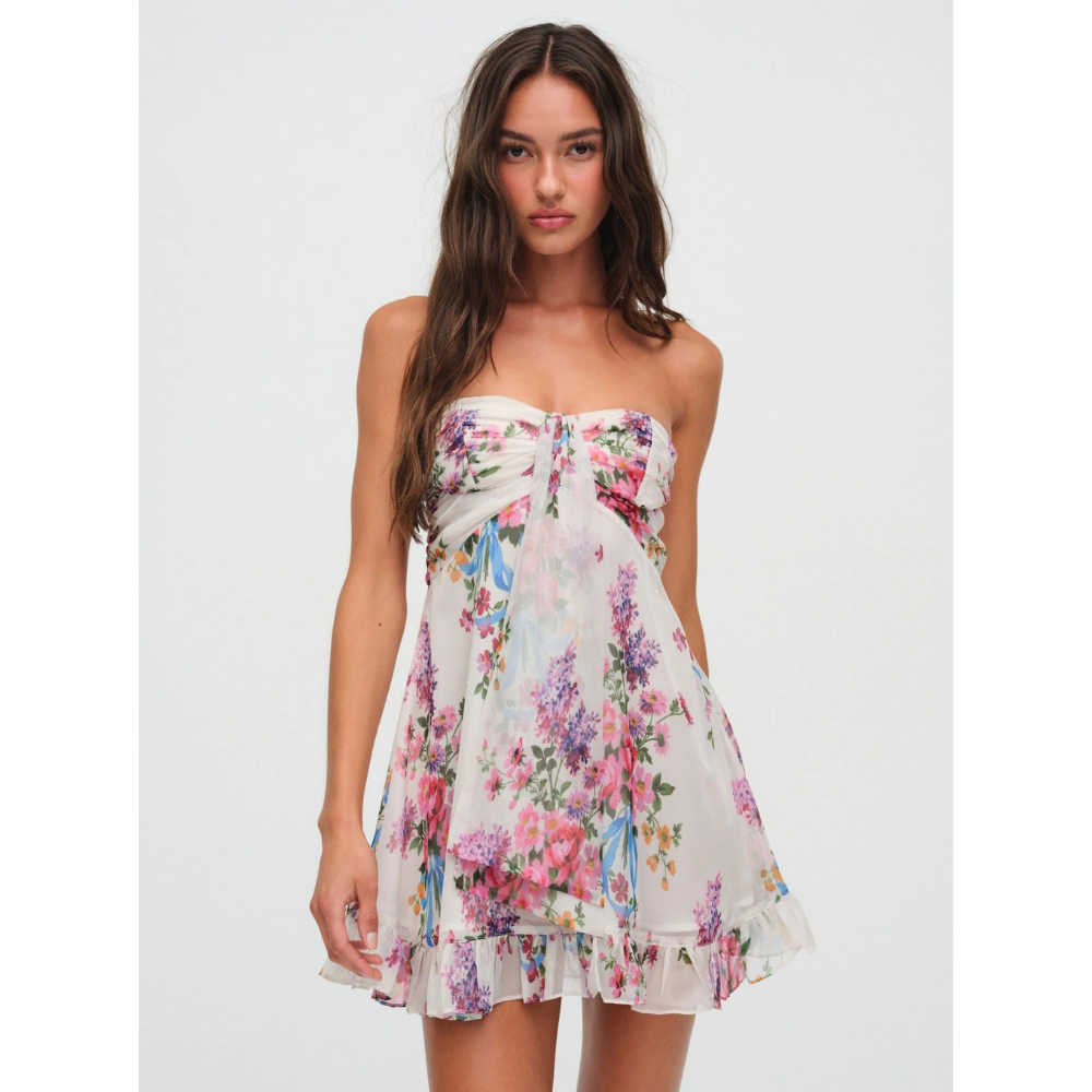 Women's floral strapless mini dress with gathered bodice and ruffle hem