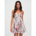 Women's floral strapless mini dress with gathered bodice and ruffle hem