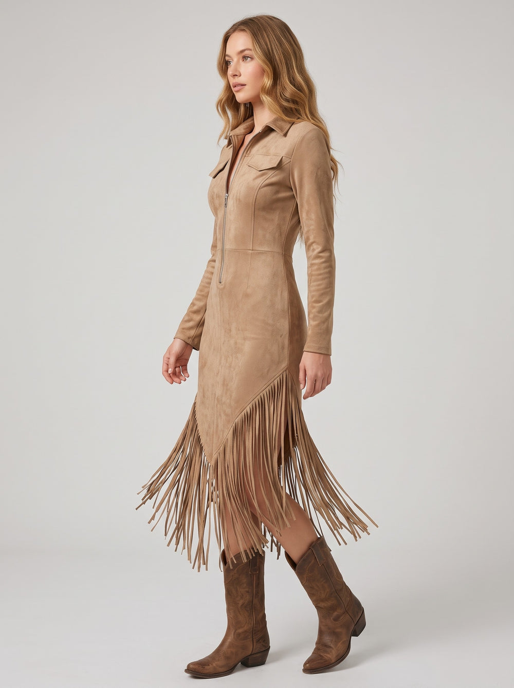 Women's Western Fringe Midi Dress in beige