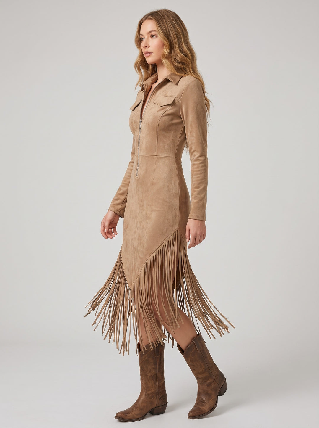 Women's Western Fringe Midi Dress in beige