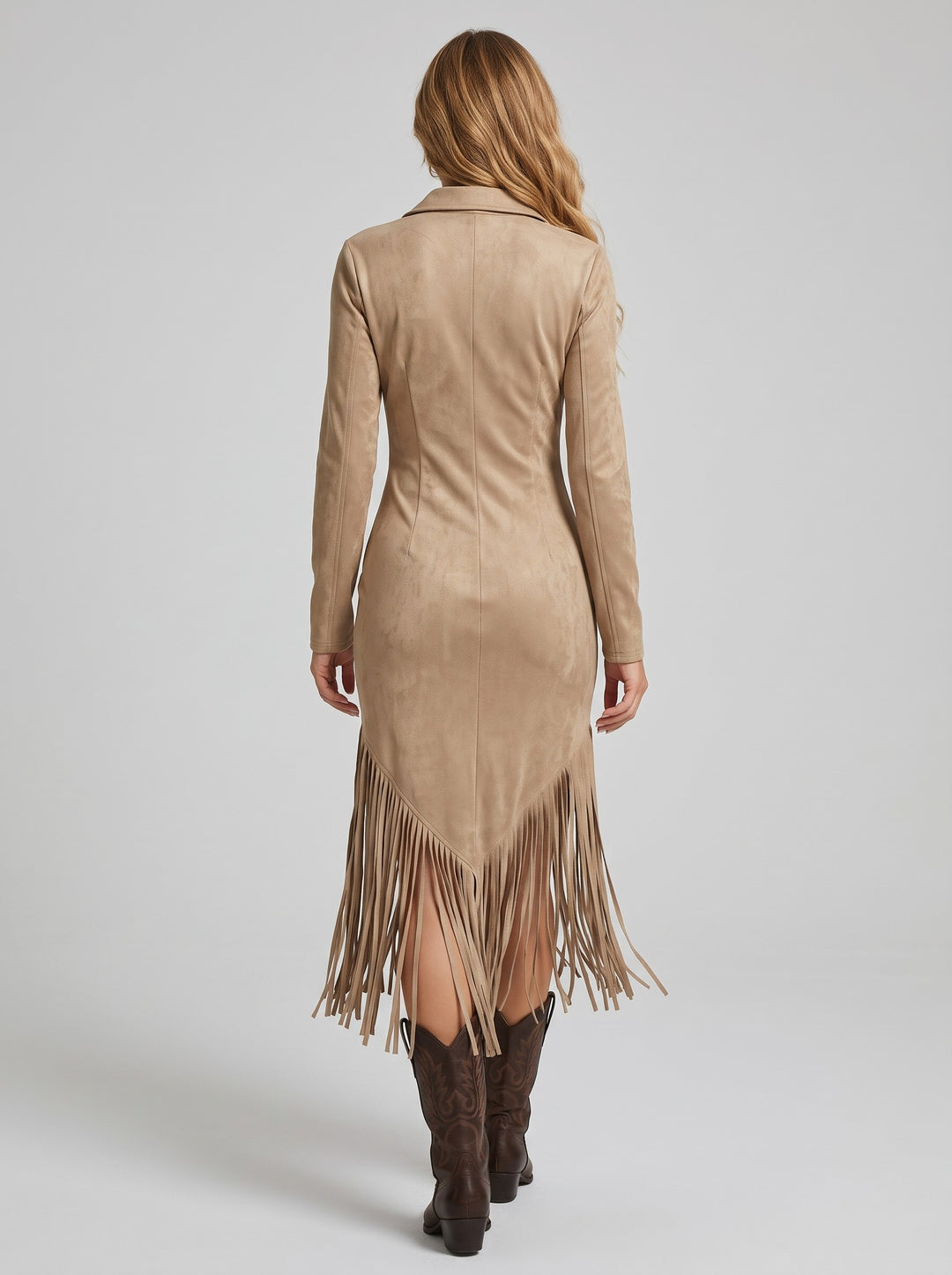 Women's Western Fringe Midi Dress in beige