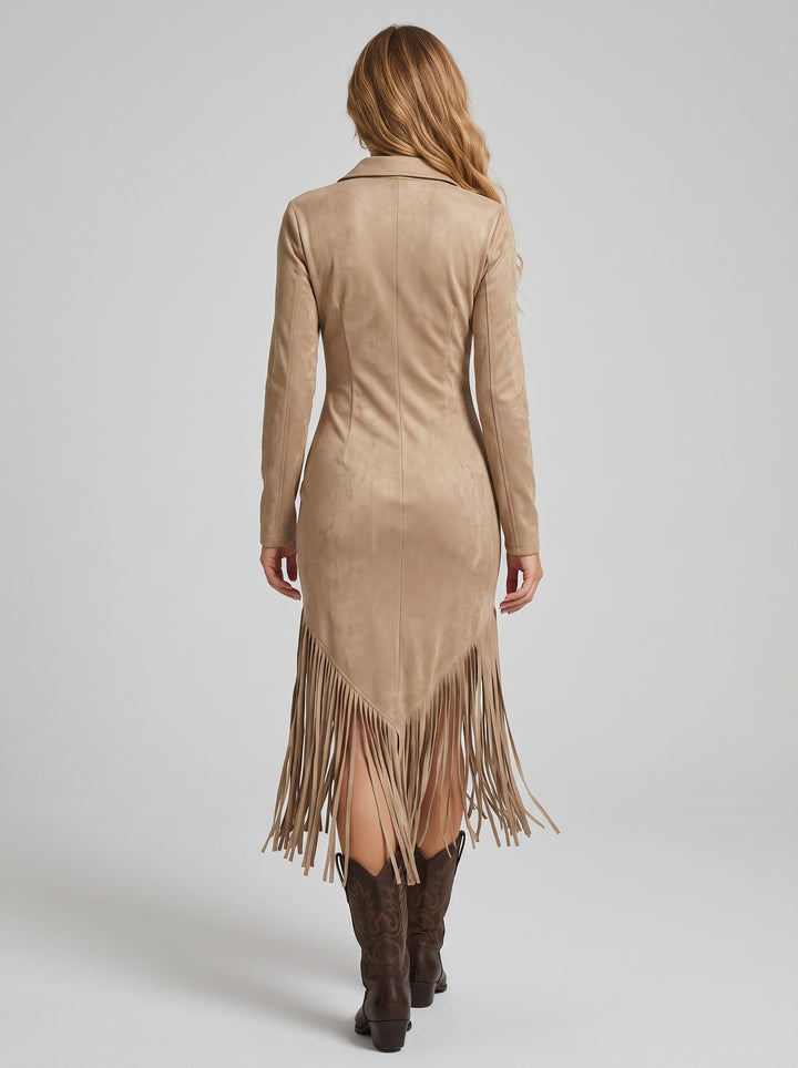 Women's Western Fringe Midi Dress in beige