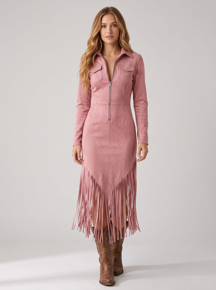 Women's Western Fringe Midi Dress in pink