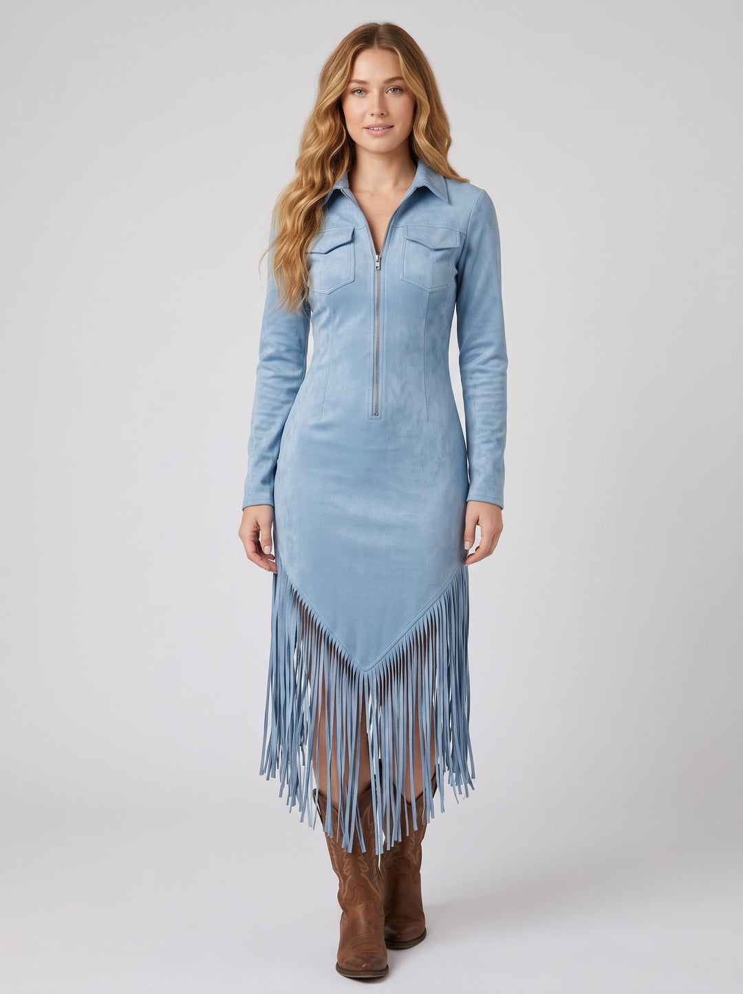 Women's Western Fringe Midi Dress in sky blue
