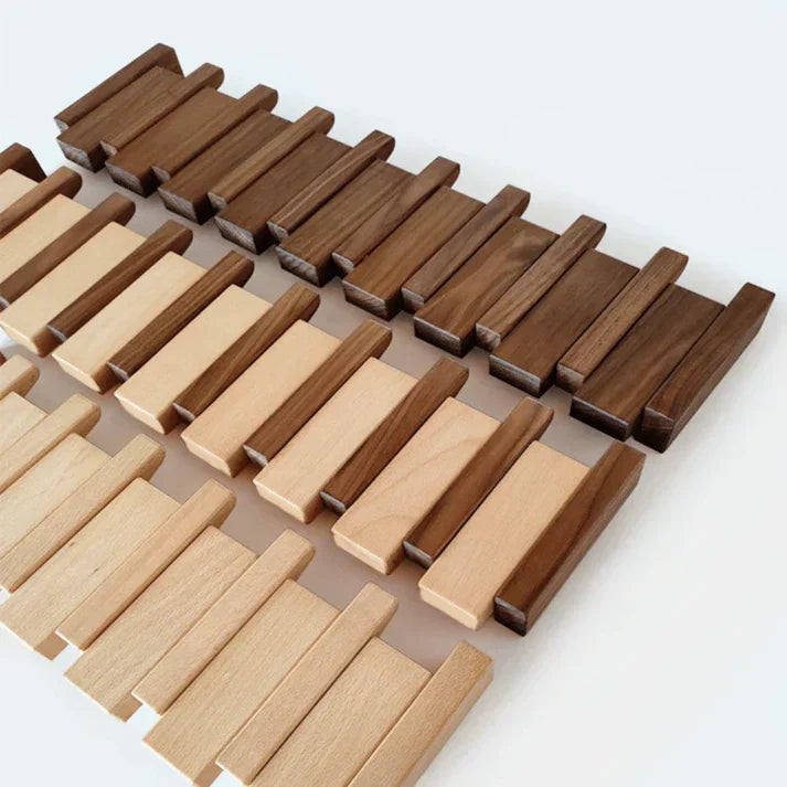 Wooden piano key wall coat rack with fold-down hooks