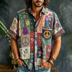 Men's short-sleeve patchwork shirt with peace signs and guitar motifs