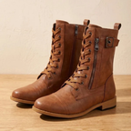 Women's mid-calf lace-up boots with side zips and buckle straps