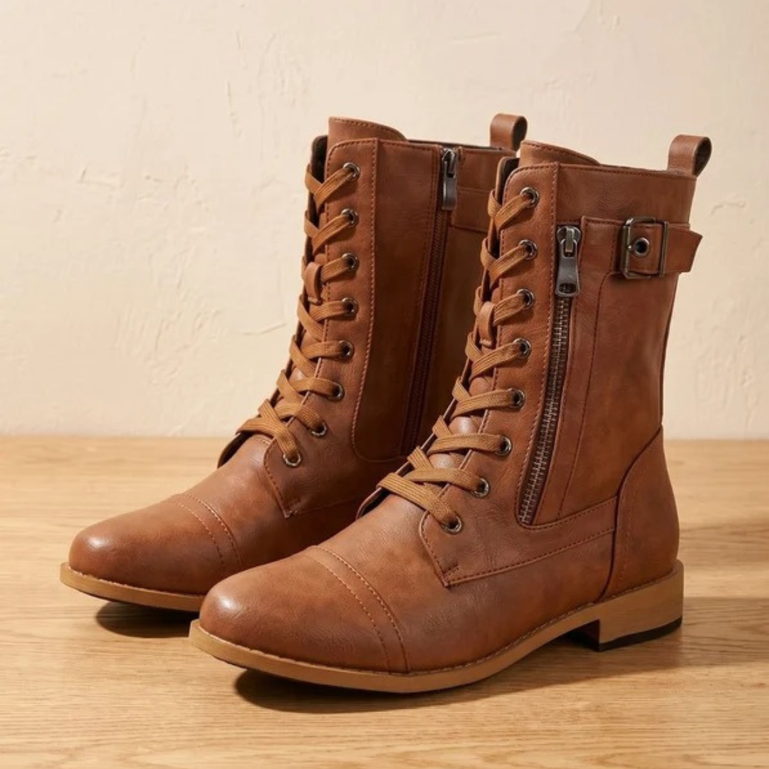 Women's mid-calf lace-up boots with side zips and buckle straps