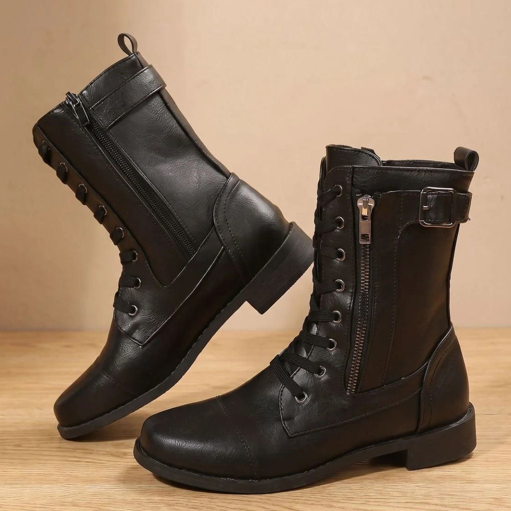 Women's mid-calf lace-up boots with side zips and buckle straps
