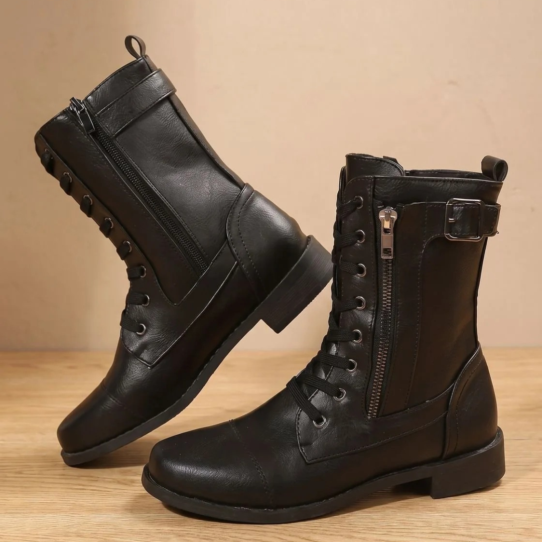 Women's mid-calf lace-up boots with side zips and buckle straps