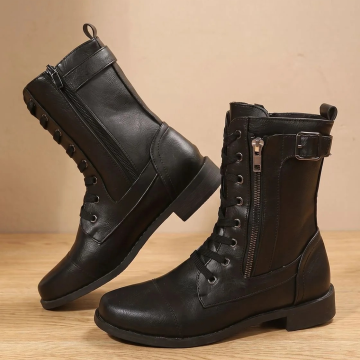 Women's mid-calf lace-up boots with side zips and buckle straps