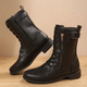 Women's mid-calf lace-up boots with side zips and buckle straps