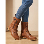 Women's mid-calf lace-up boots with side zips and buckle straps