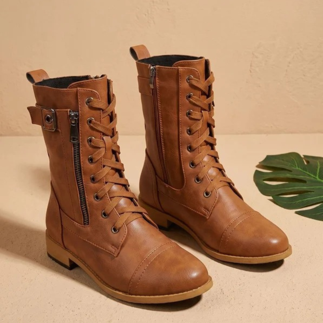 Women's mid-calf lace-up boots with side zips and buckle straps