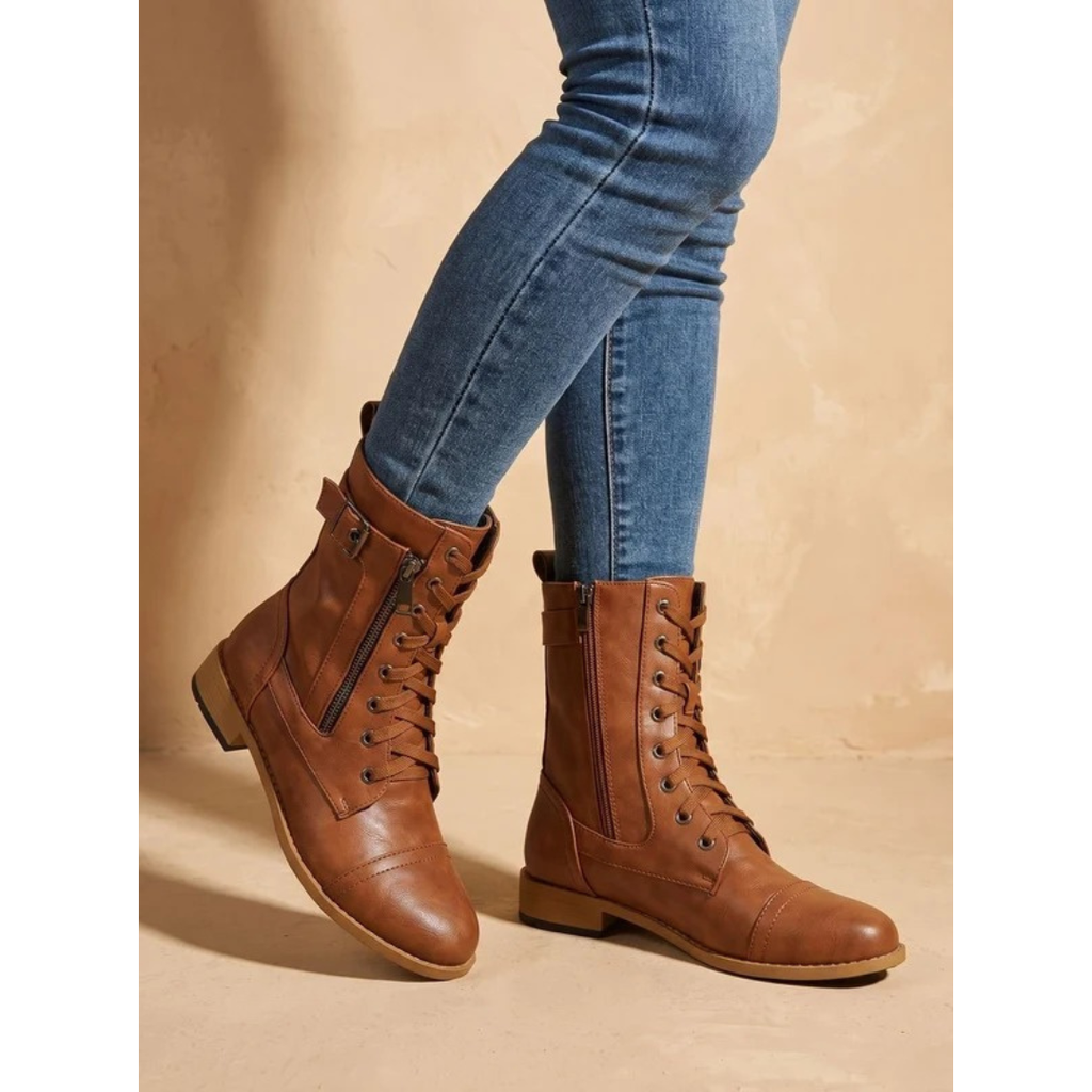 Women's mid-calf lace-up boots with side zips and buckle straps