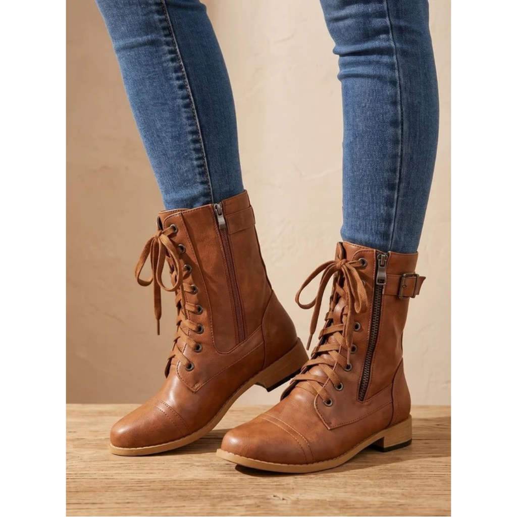 Women's mid-calf lace-up boots with side zips and buckle straps