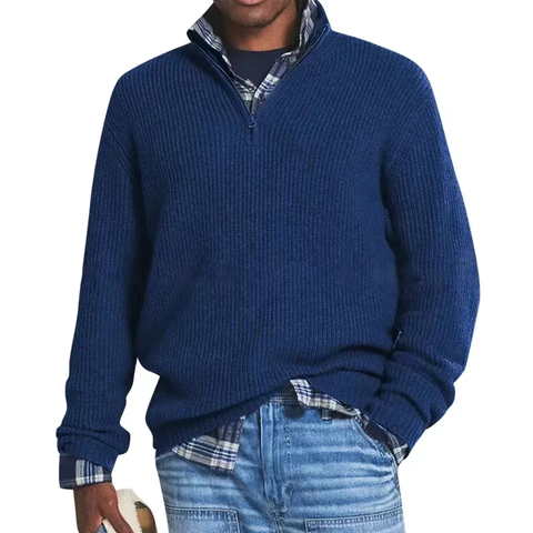 Men's ribbed quarter-zip sweater with mock neck and long sleeves