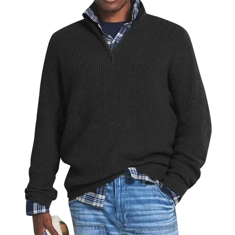 Men's ribbed quarter-zip sweater with mock neck and long sleeves