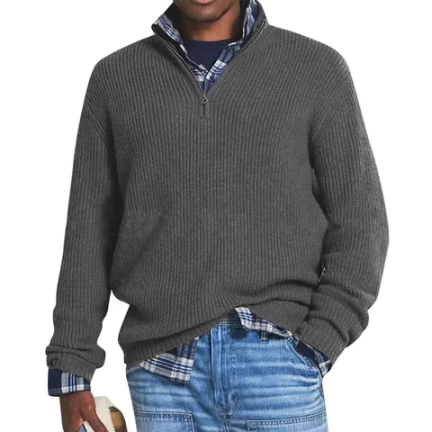 Men's ribbed quarter-zip sweater with mock neck and long sleeves