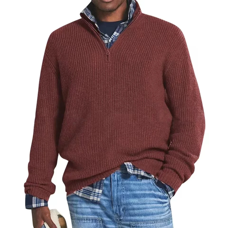 Men's ribbed quarter-zip sweater with mock neck and long sleeves