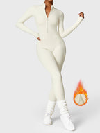 Women's fitted long-sleeve jumpsuit with mock neck and front zipper