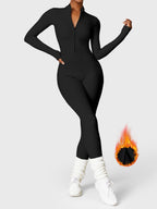 Women's fitted long-sleeve jumpsuit with mock neck and front zipper