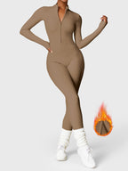 Women's fitted long-sleeve jumpsuit with mock neck and front zipper
