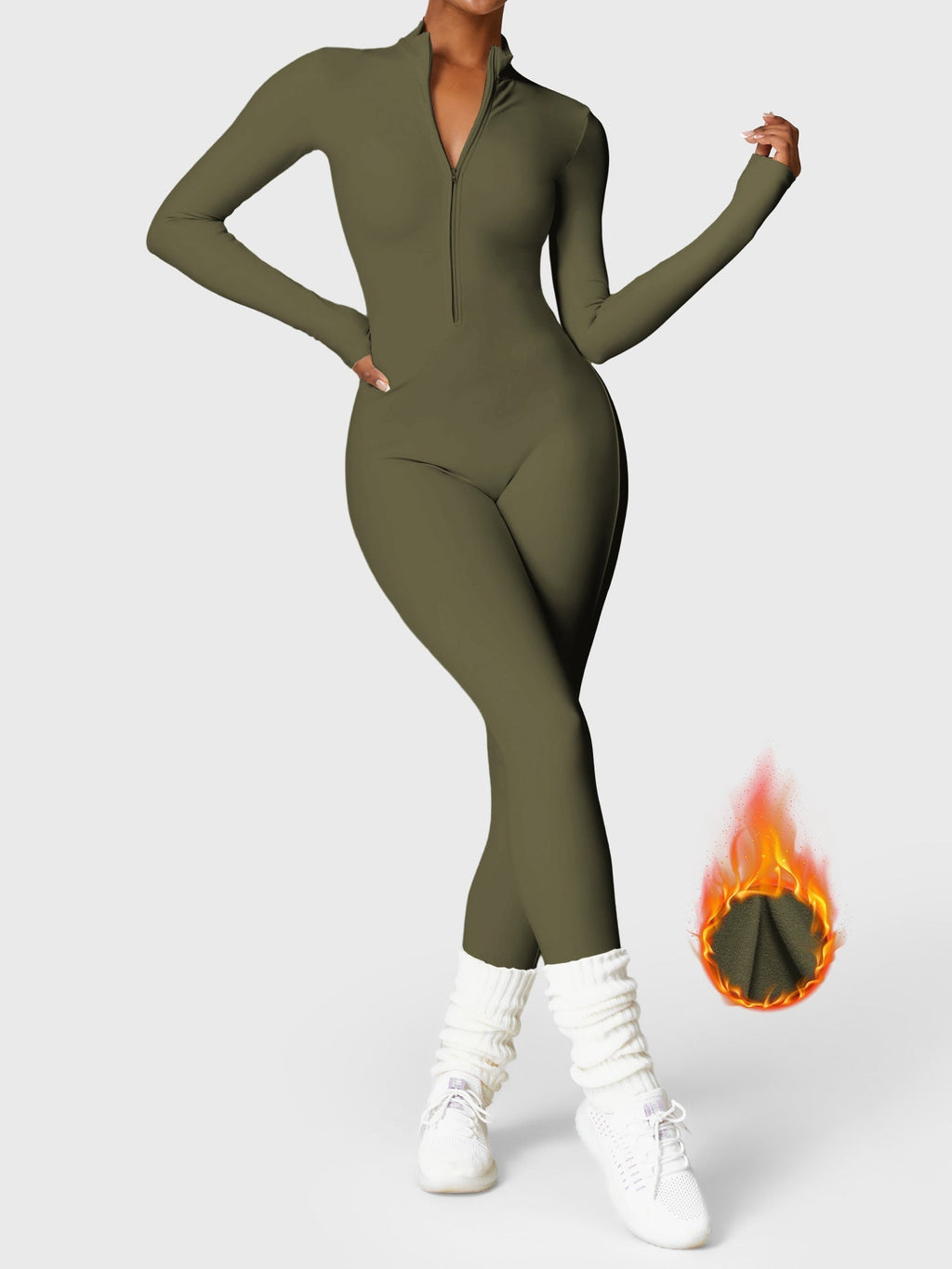 Women's fitted long-sleeve jumpsuit with mock neck and front zipper
