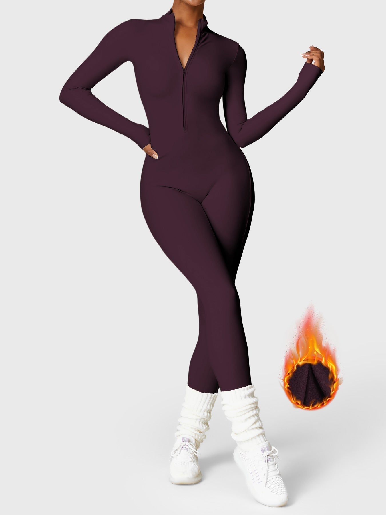 Women's fitted long-sleeve jumpsuit with mock neck and front zipper