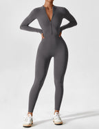 Women's fitted long-sleeve jumpsuit with mock neck and front zipper