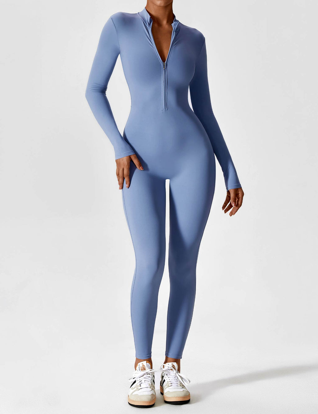 Women's fitted long-sleeve jumpsuit with mock neck and front zipper