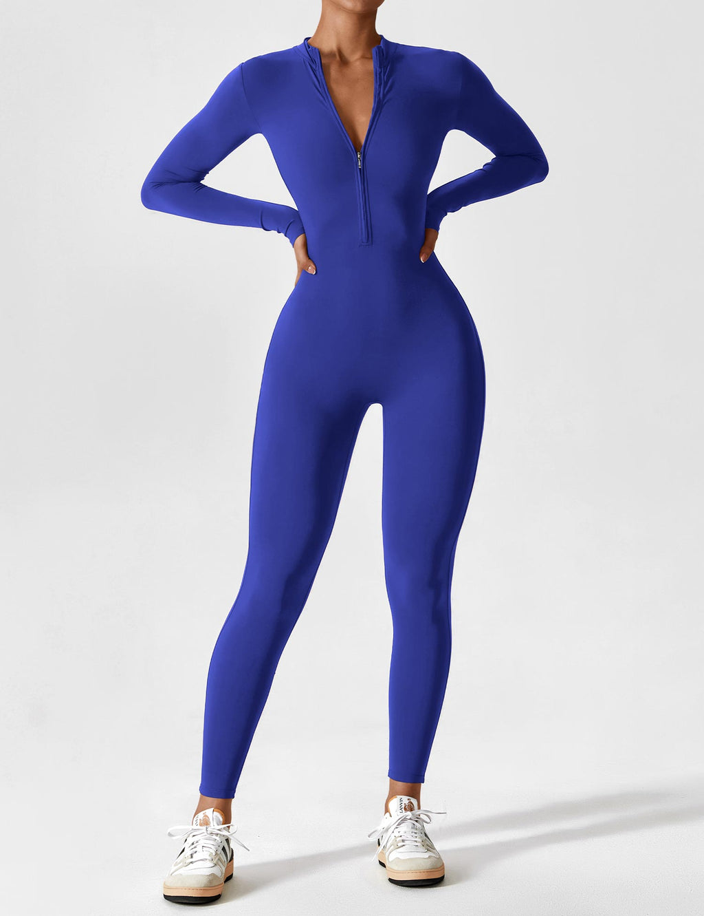 Women's fitted long-sleeve jumpsuit with mock neck and front zipper