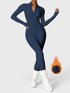 Women's fitted long-sleeve jumpsuit with mock neck and front zipper