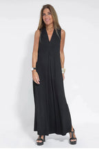 Women's sleeveless V-neck maxi dress with centre pleats and flowing floor-length skirt