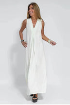 Women's sleeveless V-neck maxi dress with centre pleats and flowing floor-length skirt