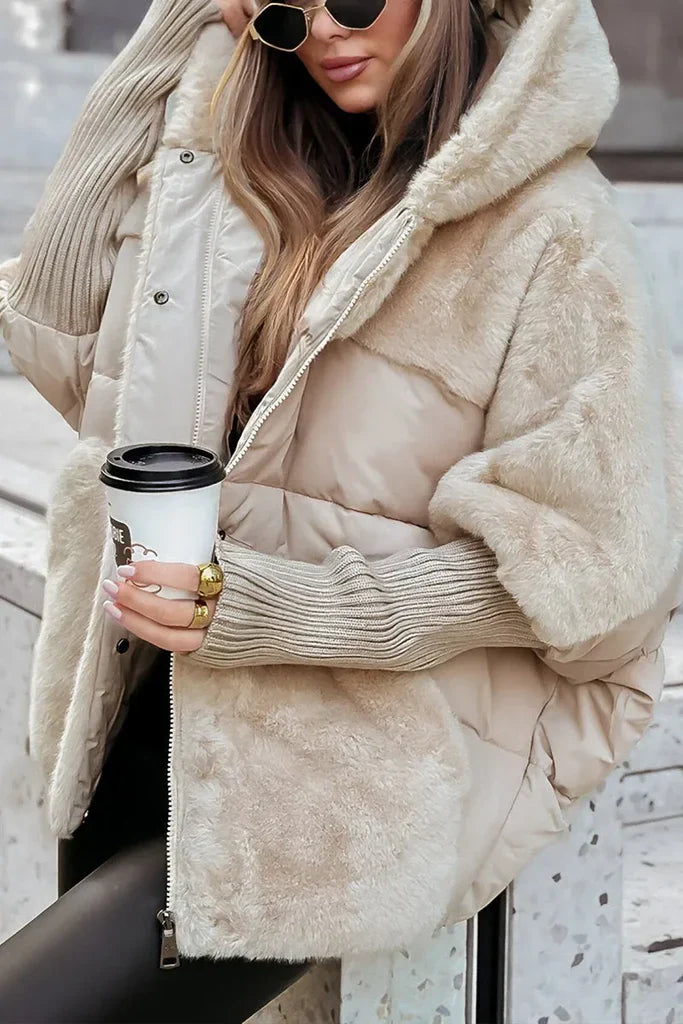 Women's hooded puffer jacket with faux-fur trim