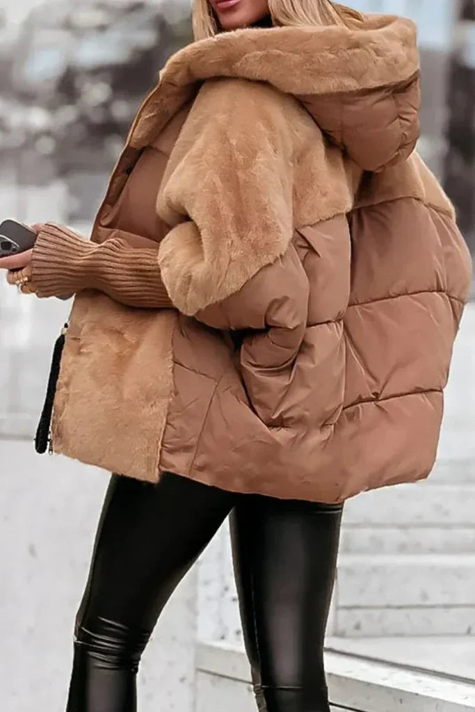 Women's hooded puffer jacket with faux-fur trim