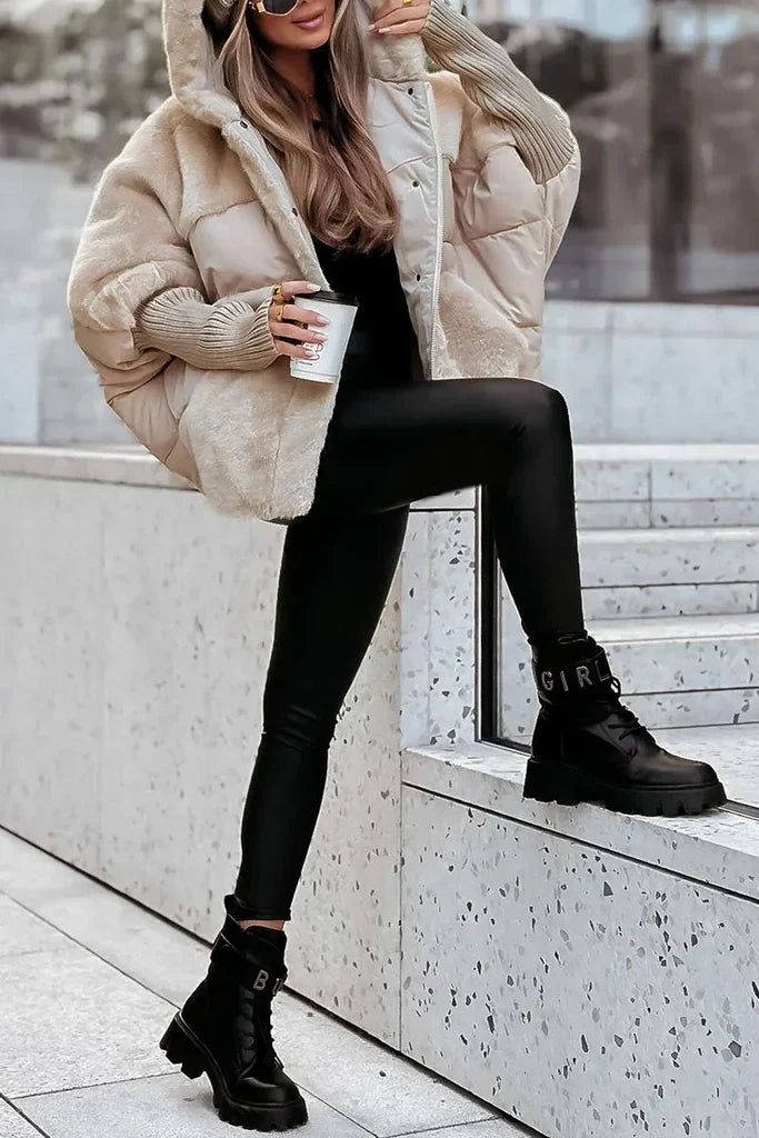 Women's hooded puffer jacket with faux-fur trim