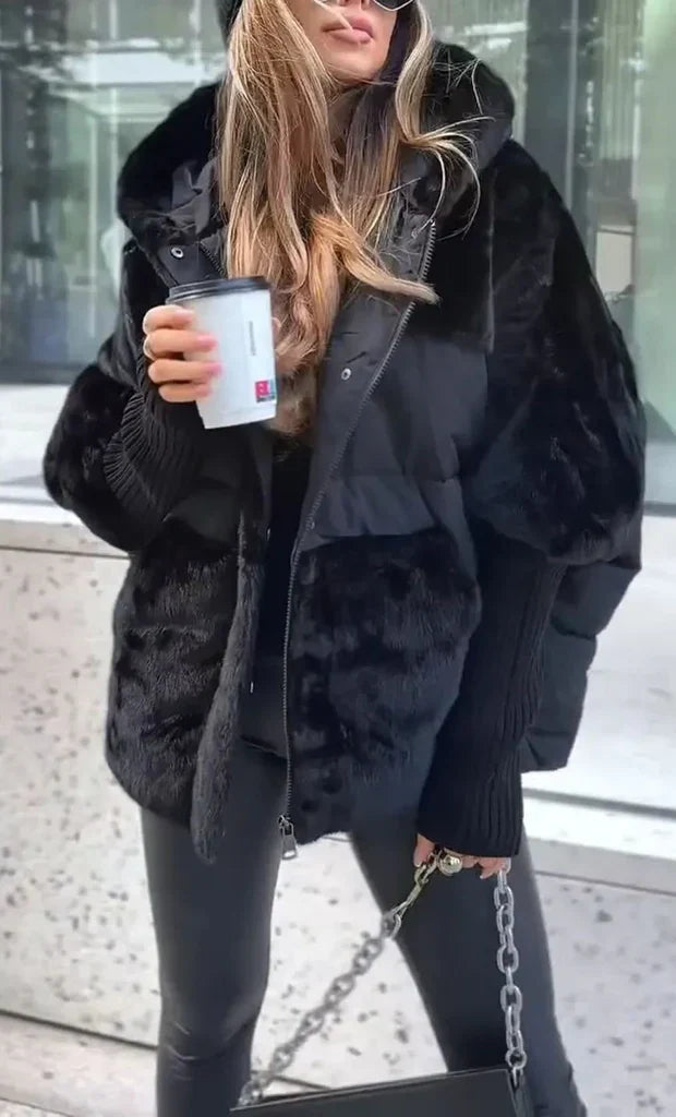 Women's hooded puffer jacket with faux-fur trim