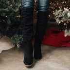 Women's slouch knee high boots with low heel, buckles and almond toe